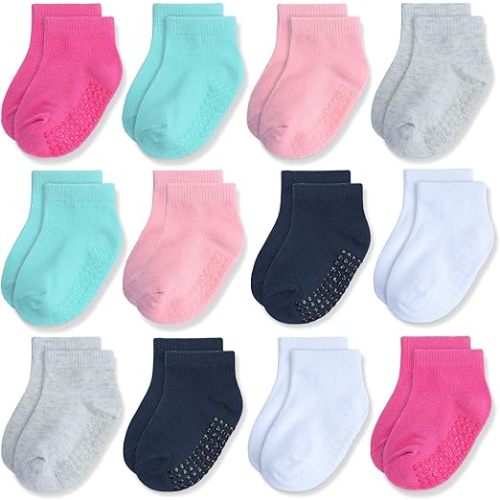 JAKIDAR 12 Pair Baby Toddler Socks Non-Slip Grip Cotton Ankle Socks for Boys Girls Non Skid Soles for Infants Kids