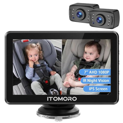 Itomoro 2 Kids Baby Car Camera, 7'' 1080P HD Display with 2 IR Night Vision Cameras, 150° Wide Angle, 360° Rotatable, Easy Install – Car Camera for Baby for Rear Seat Safety