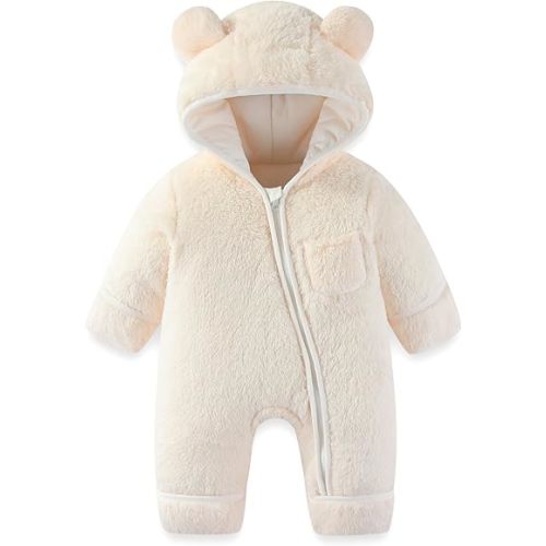 AiWMGL Newborn Baby Bear Outfit With Fold-Over Mittens and Footies Girls Boys Winter Fleece Clothes Hooded Romper Snowsuit