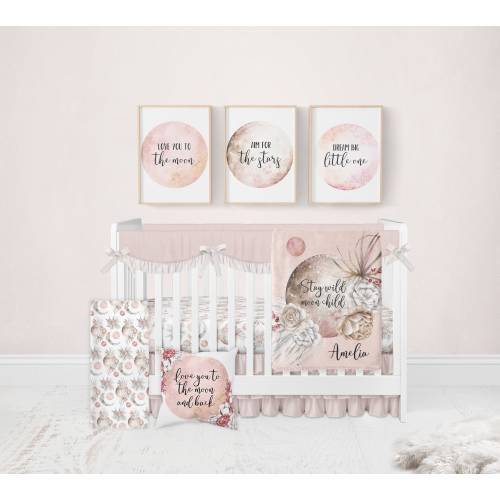 Moon Crib Bedding Set, Love You To The Moon and Back, Girl Nursery Bedding Set, Pink Floral Nursery, Moon Stars Nursery Stay Wild Moon Child