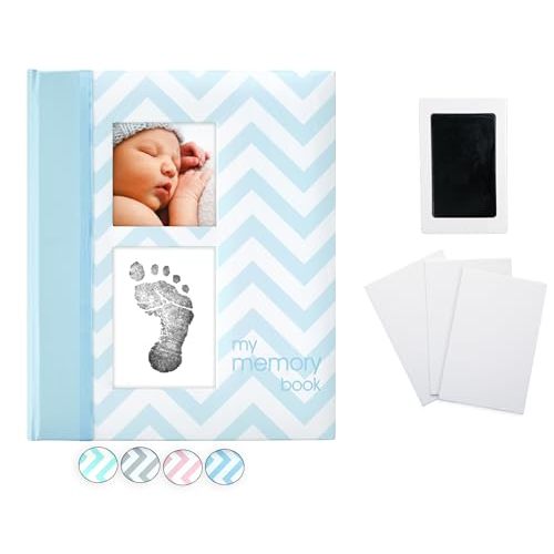 Pearhead Baby Memory Book, First 5 Years Baby Milestone Book, Pregnancy Journal, Gender Neutral Newborn Keepsake, With Clean-Touch Ink Pad For Baby's Handprint or Footprint, Blue Chevron