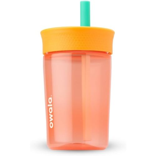 Owala Kids BPA-Free Plastic Tumbler with Spill Resistant Flexible Straw, Easy to Clean, Kids Water Bottle, Great for Travel, Dishwasher Safe, 15 Oz, Orange and Peach (Watermelon)