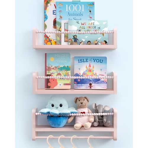 Maxpeuvon Nursery Book Shelves, Set of 3 Kids Bookshelves Natural Wood Wall Mount Organizer with Towel Bar Hanging Nursery Decor for Kids Room, Playroom, Bedroom and Kitchen, Pink