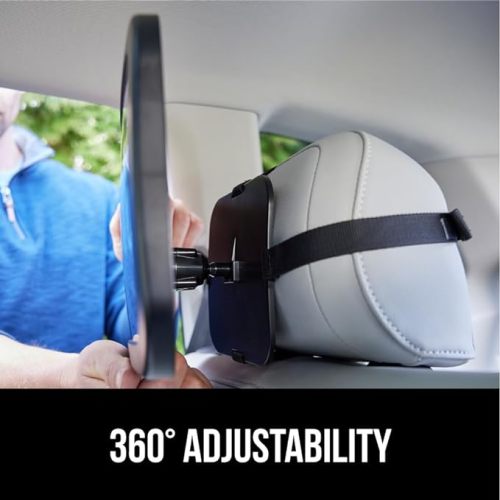 GORILLA GRIP Baby Car Mirror, Rear Facing Travel Gear, Back Seat 360° Rotation Mirrors, Great Visibility, Child and Infant Backseat Safety, Secure Straps, Easy Install Accessories for Babies, Black