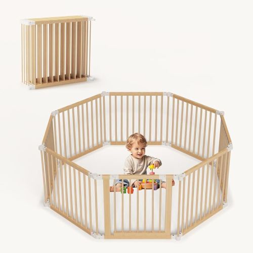 Jimberbay Foldable Wooden Baby Playpen, 145 * 145 * 61 cm Wood Playpen 8 Panels, Adjustable Baby Playard for Babies and Toddlers with Safety Locking Gate, Perfect for Indoor or Outdoor