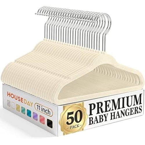 HOUSE DAY 11 Inch Velvet Baby Hangers 50 Pack Beige, Premium Kids Hangers for Children, Infant & Toddler Clothes, Durable Non Slip Small Baby Felt Hanger for Closet, Ideal for Everyday Use