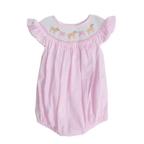 Puppy and Bows Pink Gingham Smocked Bubble