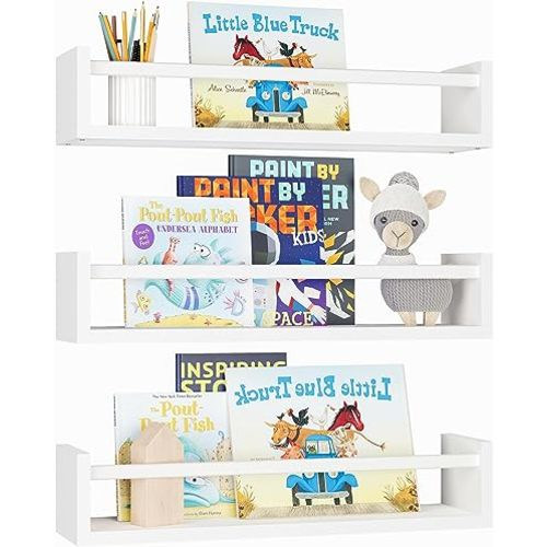 Fixwal Nursery Bookshelves, 16.5 Inch Floating Bookshelves for Wall Set of 3, Baby Kids Decor, Solid Wood Wall Mounted Shelves for Books, Toys and Decor Storage (White)