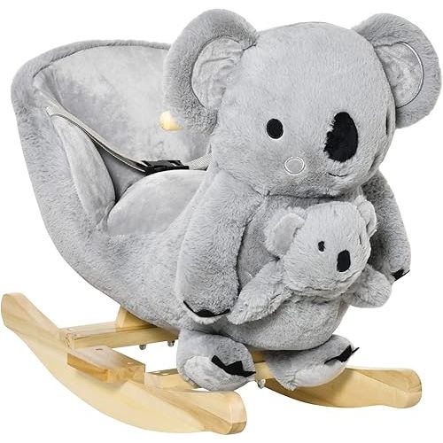 Qaba Kids Ride-On Rocking Horse, Koala-Shaped Rocker with Realistic Sounds for Children 18-36 Months, Gray