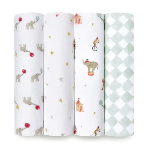 aden + anais Essentials Baby Muslin Swaddle Blankets, Newborn Receiving Blanket for Swaddling, 100% Cotton Baby Swaddle Wrap, 4 Pack, Elephant Circus