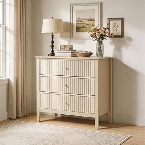 RoyalCraft Beige Fluted 3 Drawer Dresser, 32 inch Wide Dresser Nightstand for Bedroom, Modern Wood Chest of Drawers, Large Painted Nightstand with 3 Drawers for Closet, Hallway, Entryway