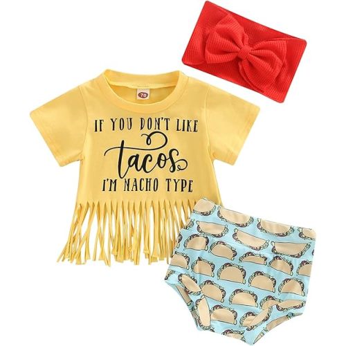 Newborn Infant Baby Girl Outfit 3pcs Letter Print Western Clothes Sets Short Sleeve Tassel T-Shirts Shorts - Yellow
