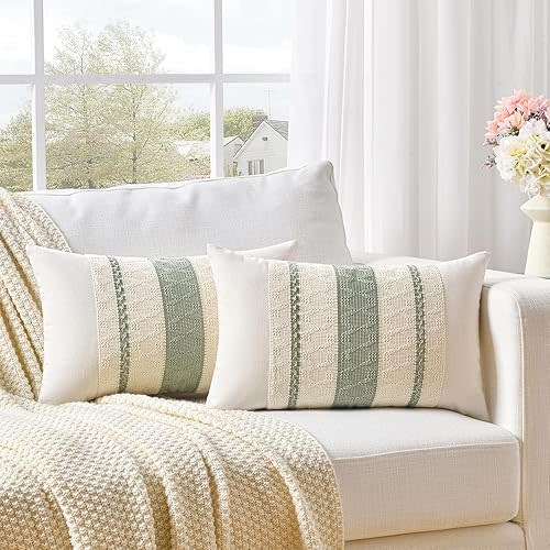 Fancy Homi Set of 2 Sage Green Boho Lumbar Decorative Throw Pillow Covers 12x20 Inch for Living Room Bedroom Couch Bed Chair, Rustic Retro Cushion Case, Bohemian Room Home Decor
