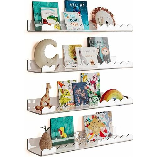 G&W Gruwald 4 Pack Clear 15.7 Inches Acrylic Book Shelf for Kids Room, Floating Kids Book Shelves for Wall, Nursery Book Shelves, Magazine Rack, Picture Ledge (Clear, 15.7)
