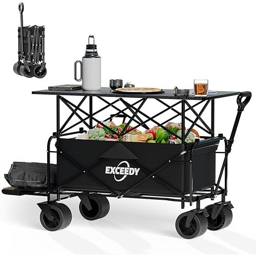 Collapsible Wagon Cart with Removable Table – 500LB All-Terrain Foldable Utility Cart for Camping, Beach, Sports, Shopping | Portable Folding Wagon with Durable Wheels, Black