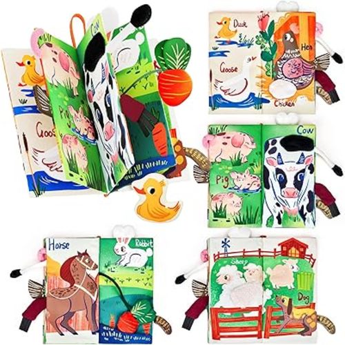 JoyCat Baby Books 0-6-12 Months - Farm Tail Tummy Time Toys - Sensory Touch & Feel Crinkle Cloth Book with Detachable Duck - Newborn Easter Basket Stuffers