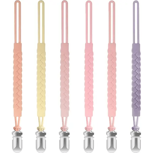 TenderBabe Silicone Pacifier Clip for Baby Girls and Boys, Pack of 6 Soft Flexible Paci Binky Clips with One-Piece Braided-Style Design,BPA-Free Baby Essentials