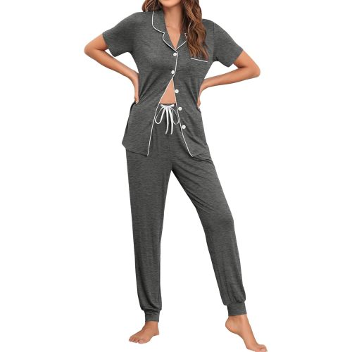 SWOMOG Womens Pajamas Set Long Sleeve Sleepwear Button Down Nightwear Soft Joggers PJs Sets with Pockets Lounge Sets