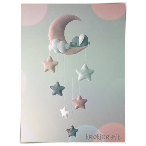 Sleepy elephant moon and stars decor/baby mobile (pastel pink)