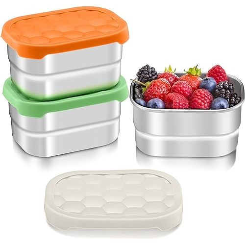 HaWare Stainless Steel Snack Containers for Toddlers and Kids, 8 oz Leak Proof Food Storage Containers with Colorful Silicone Lids, Stackable Small Metal Lunch Box for Daycare and School- 3 Packs