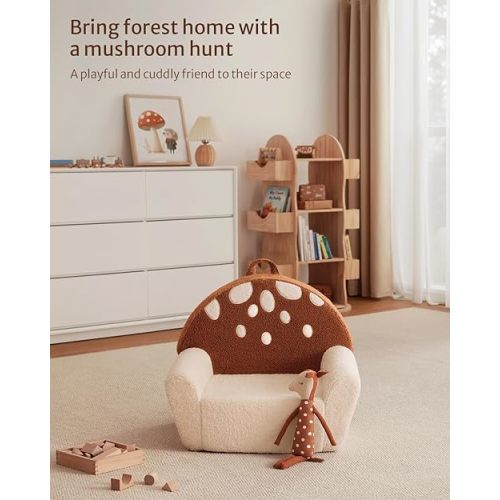 Blissful Diary Toddler Chair Comfy, Foam Kids Chair with Soft Teddy Plush, Toddler Reading Armchair with Cute Mushroom Designs- Brown