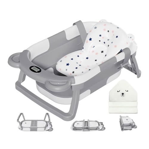 MoreFeel Collapsible Baby Bathtub for Newborn with Thermometer & 1 Hooded Towel & 1 Soft Floating Cushion,Portable Travel Bathtub with Drain Hole, Durable Foldable Baby Tubs for Infants to Toddler
