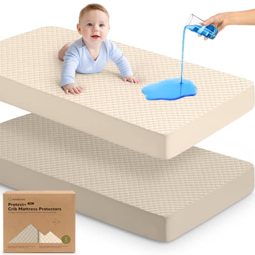 2-Pack Waterproof Crib Mattress Protector Cover Fitted - Quiet Baby Crib Mattress Pad Sheets, 52" x 28" Soft Quilted Cotton Baby Sheet, Machine Washable, Easy Fit, Durable (Ecru/Quin)