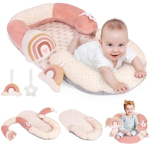 4 in 1 Tummy Time Mat & Seated Support Pillows, Play Mat, Sitting Support for Newborn 0-12 Months, Infant Baby Sit Me Up Floor Seat, Sensory Development Gifts Tummy Time Play Toys, Rainbow
