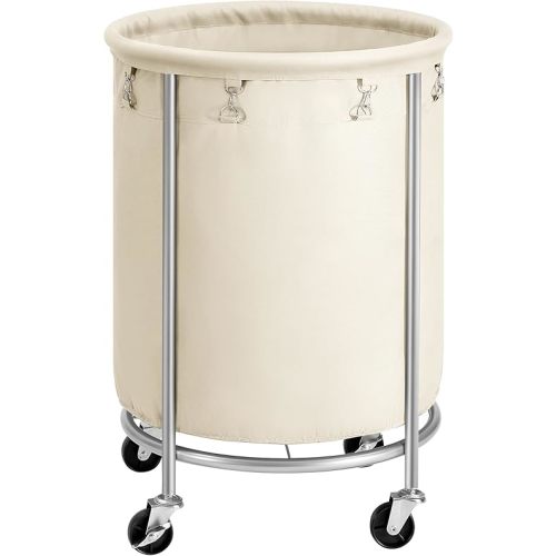 SONGMICS Laundry Basket with Wheels, Rolling Laundry Hamper, 45 Gal., Round Laundry Cart with Steel Frame and Removable Bag, 4 Casters and 2 Brakes, Cream and Silver URLS01MZ
