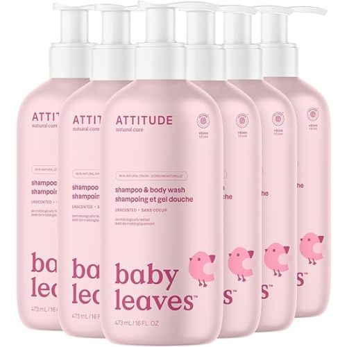 ATTITUDE 2-in-1 Shampoo and Body Wash for Baby, EWG Verified, Dermatologically Tested, Made with Naturally Derived Ingredients, Vegan, Unscented, 16 Fl Oz (Pack of 6)