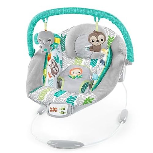 Bright Starts Comfy Baby Bouncer Soothing Vibrations Infant Seat - Taggies, Music, Removable -Toy Bar, 0-6 Months Up to 20 lbs (Whimsical Wild)