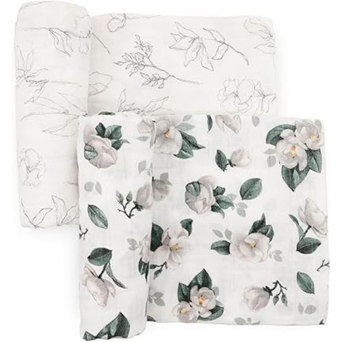 Little Unicorn 100% Certified Natural Organic Cotton Muslin Swaddle Blanket 2 Pack | Giftable Set of 2 swaddles (Magnolia)