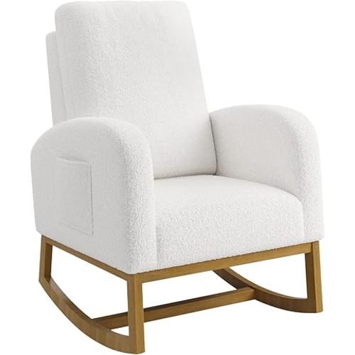 Teddy Upholstered Rocking Chair Nursery, Glider Rocker Chair with High Backrest and Side Pocket, High Back Accent Chair with Wood Legs, Comfy Side Chair for Nursery- White