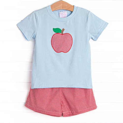 An Apple a Day Applique Short Set, Blue and Red – Stitchy Fish