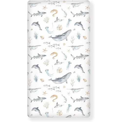 Underwater World Whale Fitted Crib Sheet Ocean Animals Baby Crib Sheet Fit Standard Crib and Toddler Mattress,Crib Mattress Sheets for Boys Girls 28"x52"