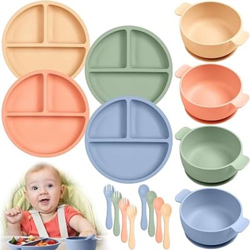 Domensi 12 Pcs Silicone Baby Feeding Set, 4 Pcs Silicone Divided Suction Plate and 4 Pcs Baby Bowls with Suction with 4 Sets Spoons Forks for Baby Led Weaning Supplies Self Feeding (Lovely Color)