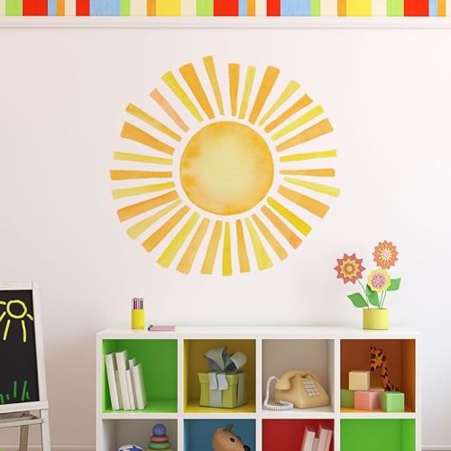 23.23x22.44 Inch Watercolor Boho Sun Wall Decals Yellow Sun Wall Stickers Removable Sun Wall Stickers Yellow Sunshine Wall Art Decor for Baby Nursery Classroom Playroom Bedroom Kindergarten Wall Decor - Sun-3
