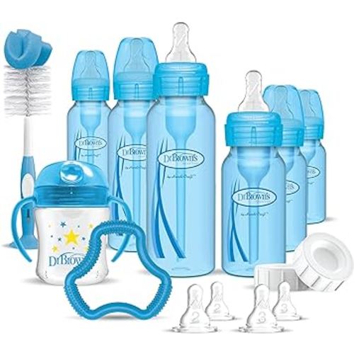 Dr. Brown's Natural Flow Anti-Colic Options+ Special Edition Blue Baby Bottle Gift Set with Soft Sippy Spout Transition Cup, Flexees Teether, Bottle Cleaning Brush and Travel Caps
