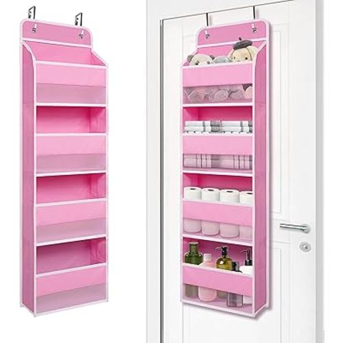 Heavy Duty Over Door Organizer, Hanging Organizer Storage with 4 Large Capacity Pockets, Closet Bathroom Nursery Bedroom Dorm, Toys Cosmetics Sundries and Baby Essentials, Pink