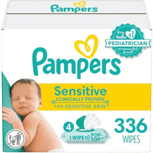 Pampers Sensitive Baby Wipes, Water Based, Hypoallergenic and Unscented, 4 Flip-Top Packs (336 Wipes Total)