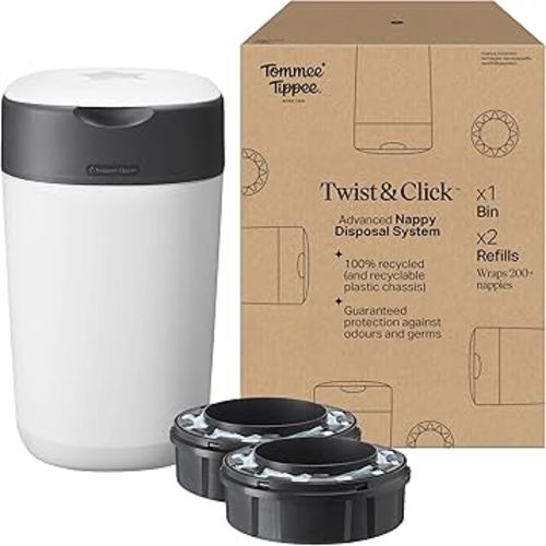 Tommee Tippee Twist and Click Advanced Nappy Bin, Exclusive Pack Including 2X Refill Cassettes, Guaranteed Odour and Germ Protection, Large Capacity (Pack May Vary)