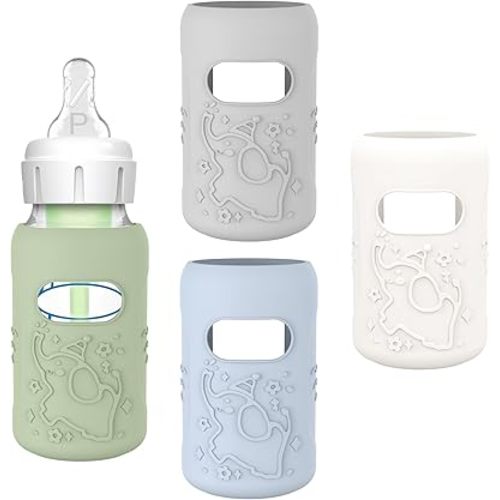 KingKam 4 Pack Silicone Sleeves for Dr. Brown's Glass Baby Bottles, Anti Breakage Baby Bottle Sleeves Holder, Compatible with Dr. Brown's Newborn Narrow Glass Baby Bottles 4oz