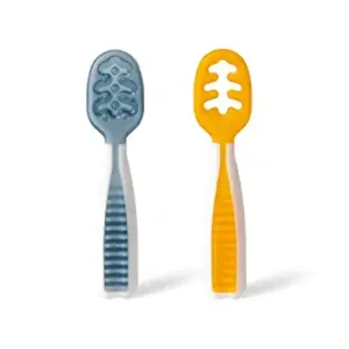 NumNum Pre-Spoon GOOtensils | Baby Spoon Set (Stage 1 + Stage 2) | BPA Free Silicone Self Feeding Toddler Utensils | for Kids Ages 6 Months+, 1-Pack, 2 Spoons, Blue/Orange