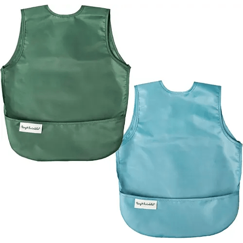 Tiny Twinkle Mess Proof Apron Bibs - 2 Pack Waterproof & Lightweight Baby Bibs for Led Weaning | 100% Recycled Polyester, Easy Clean & Machine Washable (Slate Olive,Small 6-24 Months)