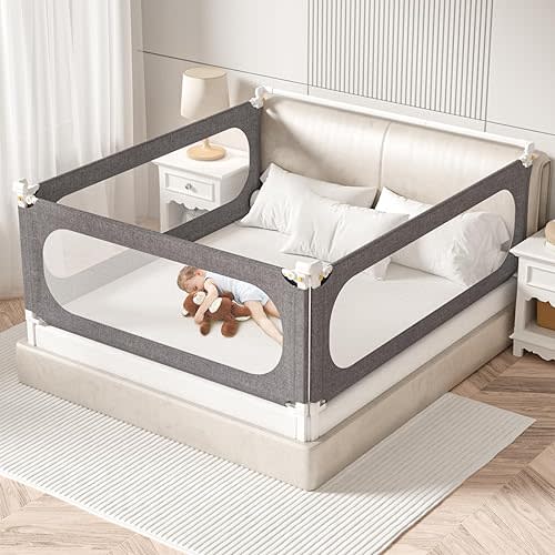 PNXDFC 3-Piece King Size Bed Rails for Toddlers, with Headboard Rod -Height Adjustable Baby' Safety Bed Rails Guard for King Size Bed(3Pack 78.7"x78.7"x74.8"-Gray)
