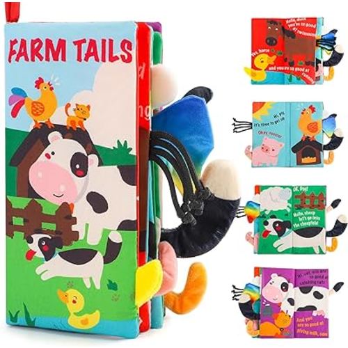 beiens Soft Toys Baby Cloth Books, Touch and Feel Crinkle Books for Babies, Infants & Toddler, Early Development Interactive Car Toys & Stroller Toys for Boys & Girls (Farm Tails-1 Book)