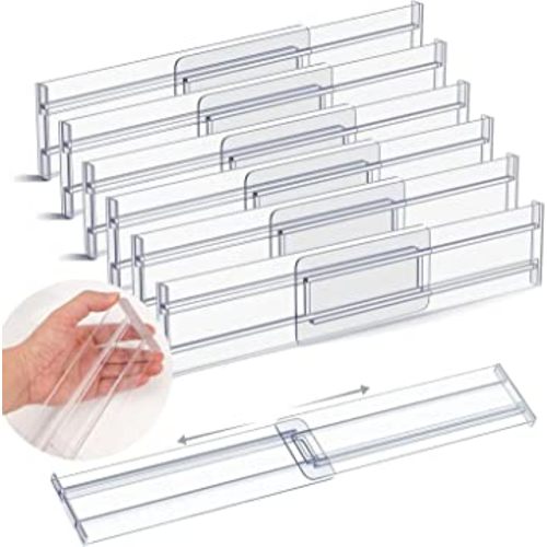 Qearl 6 Pack Drawer Dividers Organizers Adjustable 3.2" High Expandable from 11-20" Kitchen Drawer Plastic Drawers Separators for Clothing Kitchen Utensils Makeup Office Storage(Attached Tape)