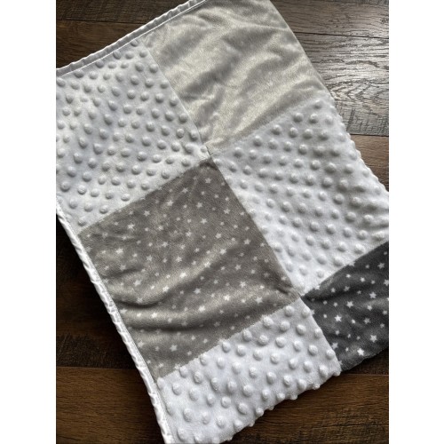 Just Born Baby Blanket Lovey Blankie Patchwork Satin Trim Minky Gray Blue