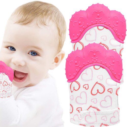 Teething Mitten 2 Pcs-Baby Glove Stimulating Teether Toys for Boys & Girls-Teething Glove for 3-6 Months Baby (Pretty Sweet Heart,Pink)
