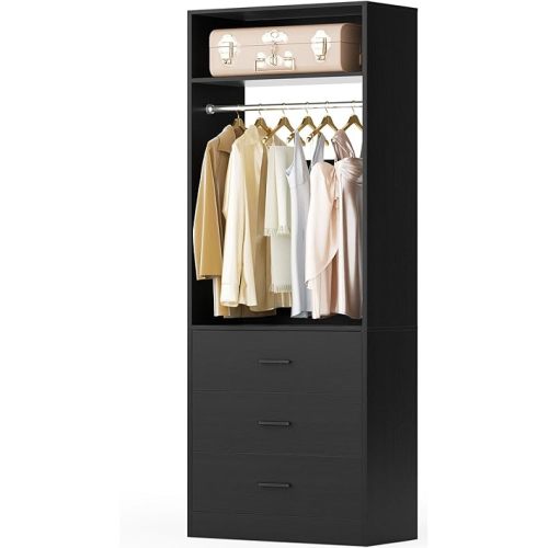 Freestanding 2FT Closet System with 3 Wood Drawers, 24" Closet Organizer System with Hanging Rod & Shelves, Walk-in Closet Systems for Small Closets, Black (24"L x 15" W x 80" H)